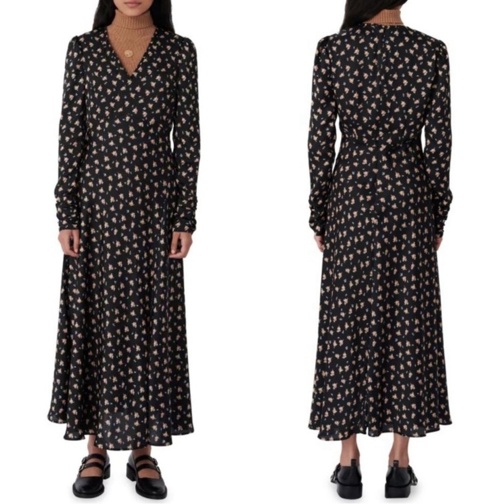 MAJE Riava Satin Floral Print Maxi Dress NWT Size 38 US 6 Black Camel